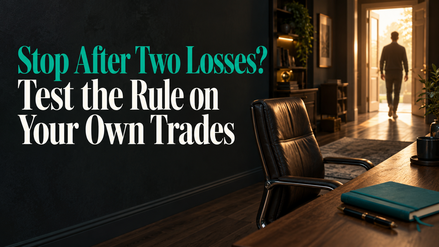 Stop After Two Losses? Test the Rule on Your Own Trades — an empty desk chair as a trader steps away toward a sunlit doorway.